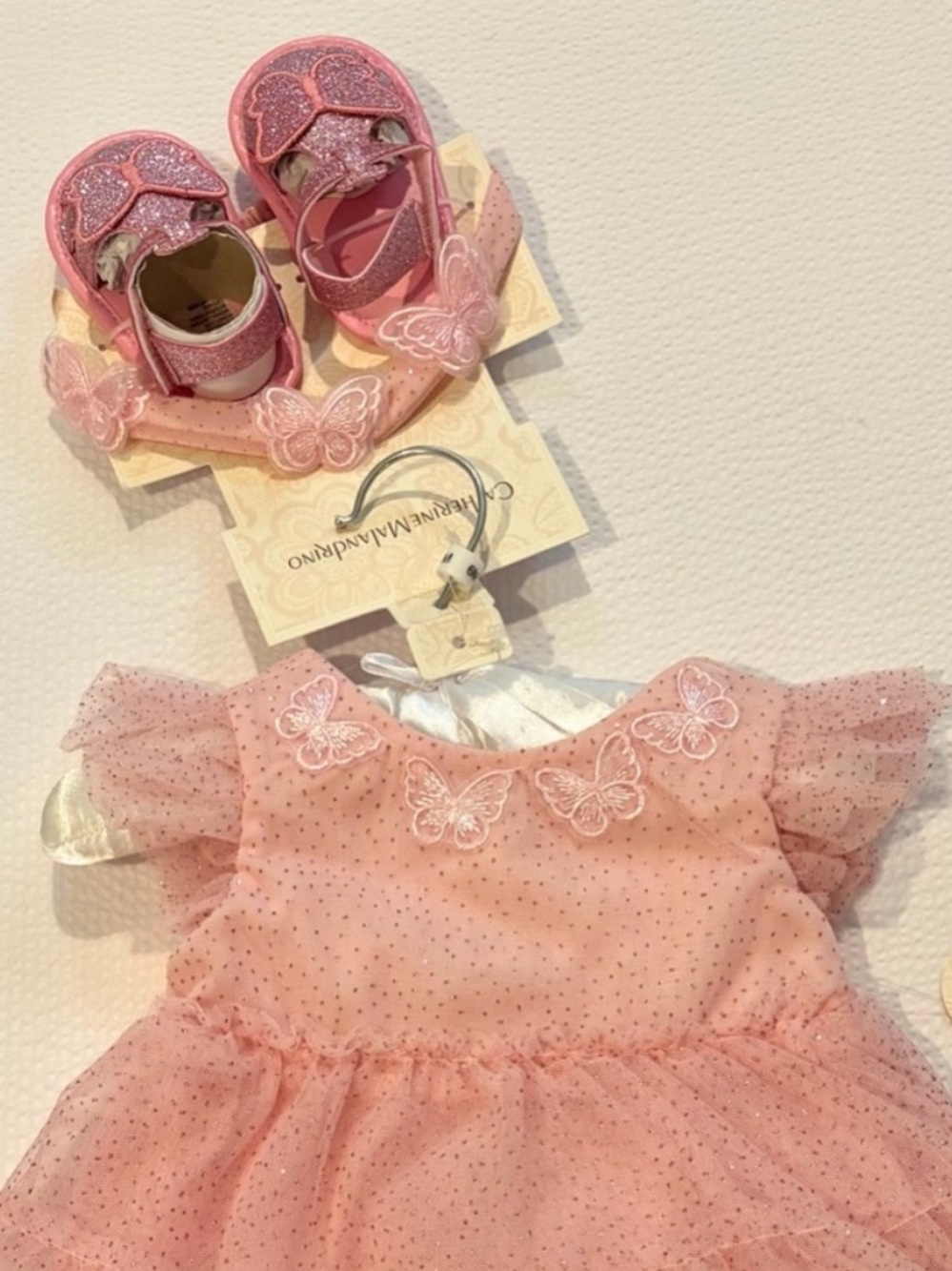 Butterfly Wings Dress in Soft Baby Pink with Glitter Sandals Set